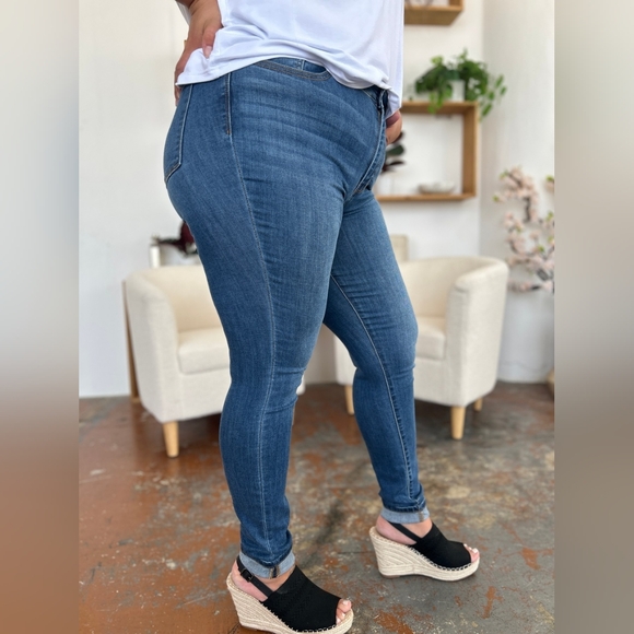 Skinny Stretch Slim Mid-Rise Denim Pants Cuffed Hem Judy Blue Jeans PLUS SIZE - Picture 2 of 14